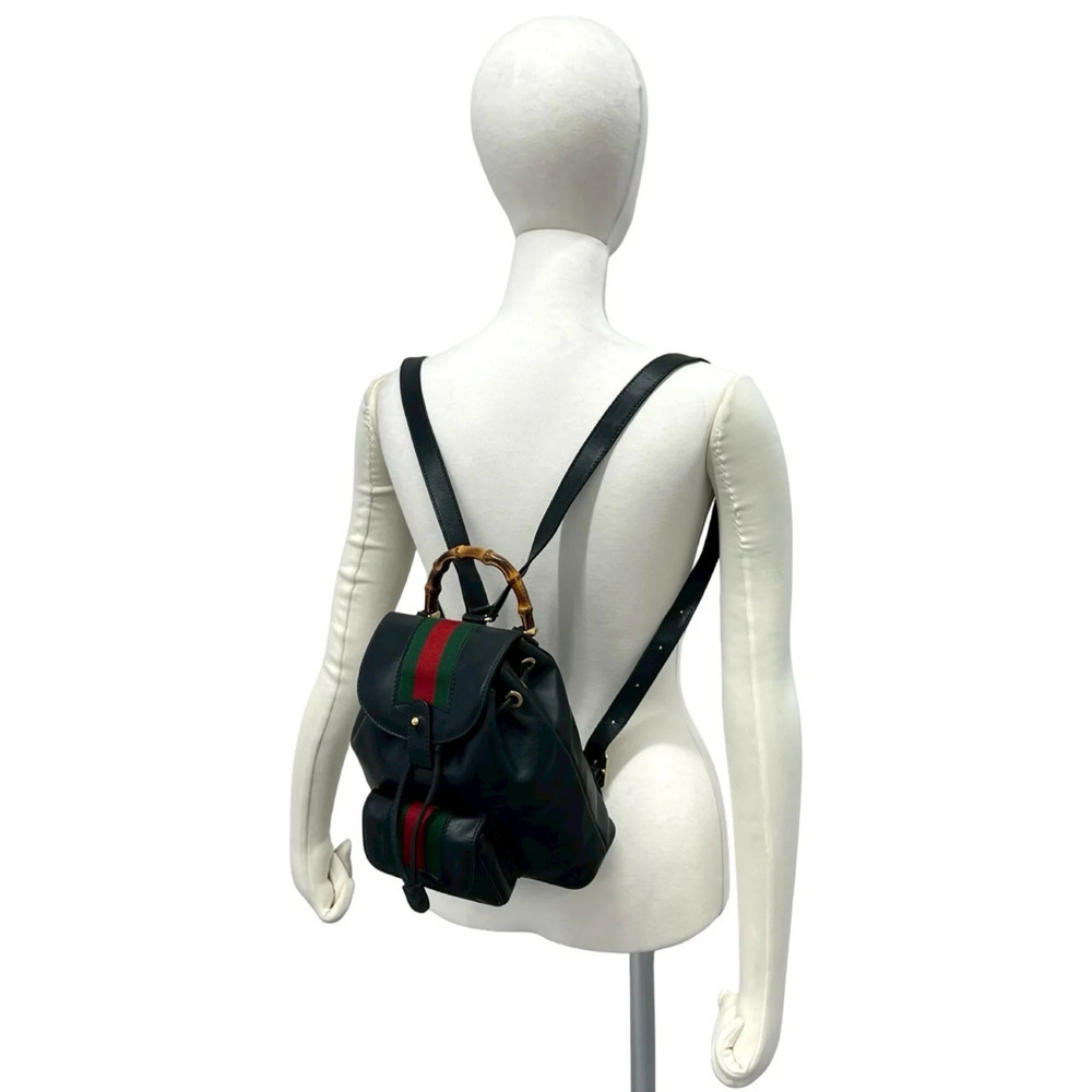 GUCCI Vintage Black Leather Bamboo Backpack - Picture 2 of 10